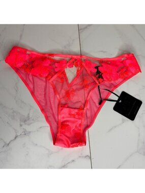 Honey Birdette Rue Brief Sour Pink Floral Appliqué Sheer Mesh Medium NWT